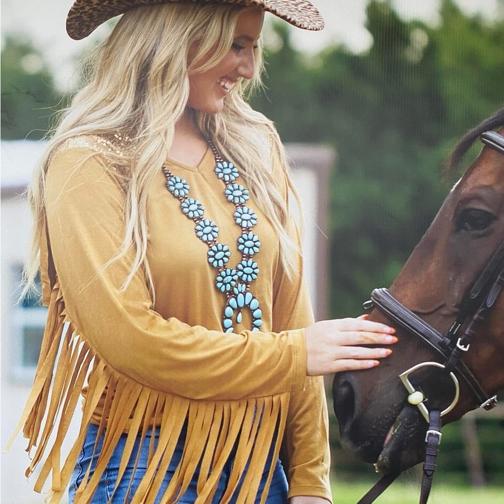 Fringe Long-Sleeve Tunic Top in Mustard